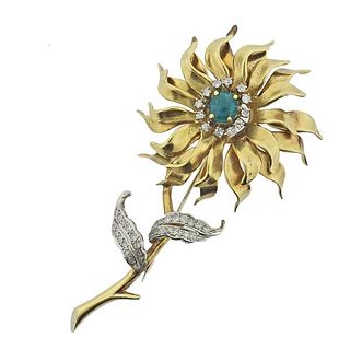 1960s 18k Gold Diamond Emerald Flower Brooch Pin