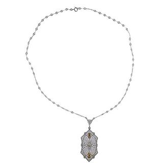 Art Deco Filigree 14k Gold Diamond Pendant Necklace