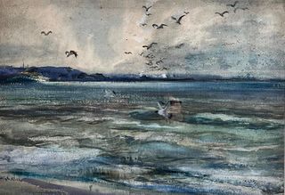 Henry G. Keller Watercolor, Gulls Over Lake Erie