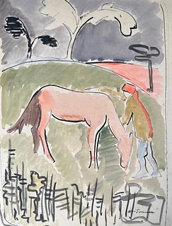 William Sommer Drawing, Boy and Horse in Field