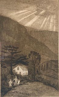 Israel Doskow Etching, Sun Light Over the Mountains
