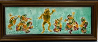 Glazed Art Pottery Tile with a Frog Meeting