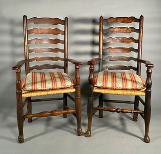 Pair French Oak Ladderback Armchairs, 18thc.