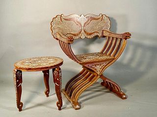Syrian Inlaid Savanarola Chair and Table