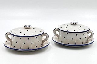 Pair of PV France Blue and White Pottery Butter Dishes
