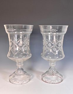 Pair of Blown and Etched Glass Hurricanes