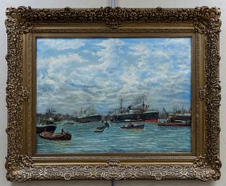 F. Dankmeijer Oil on Canvas, Ships at Harbor.