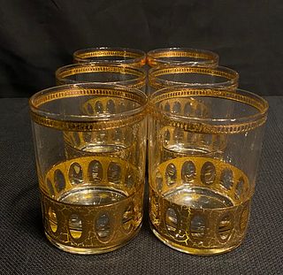 Mid Century Set 6 Gold Vintage Drinking Glasses Barware