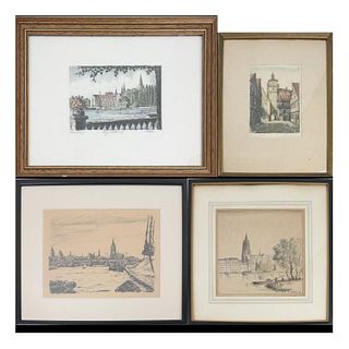 Four Colored Engraved City Scenes
