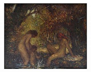 Nudes Bathing, Oil on Canvas Board