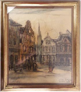 August Oleffe, Village Scene, Watercolor