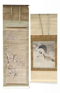 Two Asian Scrolls, Chickens and Birds