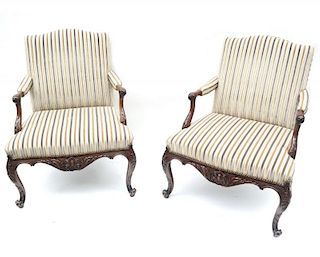 Pair of Upholstered Carved Armchairs