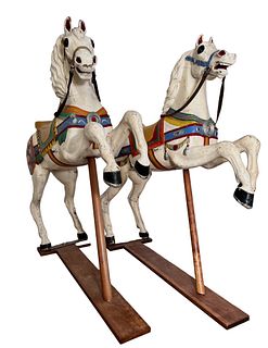 Pair of Antique Carved and Polychromed Wood Carousel Horses