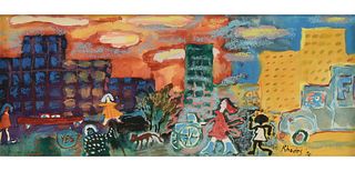 AMERICAN NAIVE ART, A PAINTING, "Untitled Street Scene," 1970,