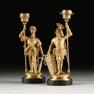 A PAIR OF FRENCH GOTHIC REVIVAL ARMORED KNIGHTS GILT BRONZE CANDLESTICKS, LATE 19TH CENTURY,