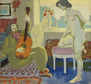 attributed to ALBERT ABRAMOVITZ (Russian/American 1879-1963) A PAINTING, "Interior Scene of Two Nude Ladies with Guitar Player,"