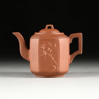 A CHINESE YIXING TEAPOT, BAMBOO AND CALLIGRAPHY, REPUBLIC OF CHINA (1912-1949),