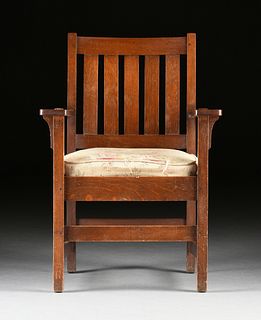A STICKLEY BROTHERS CO. ARTS AND CRAFTS OAK ARMCHAIR, BRANDED MARK, LABELED, GRAND RAPIDS, MICHIGAN, 1851-1954,