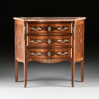 A LOUIS XV STYLE MARBLE TOPPED AND ORMOLU MOUNTED MARQUETRY INLAID ROSEWOOD PETITE COMMODE, LATE 19TH CENTURY,