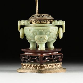 A CHINESE ARCHAISTIC STYLE CELADON JADE CENSER LAMP, REPUBLIC PERIOD (1912-1949),
