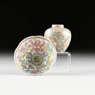 TWO CHINESE FAMILLE ROSE ENAMELLED PORCELAIN WARES, MILLEFLEUR VASE AND DRAGON EGGSHELL CUP, 1940-1990,