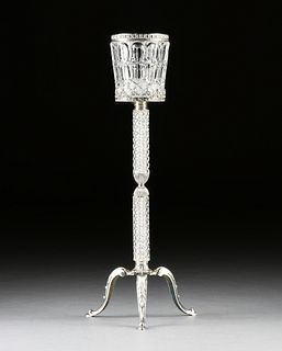 AN ITALIAN ROCOCO REVIVAL STYLE SILVER PLATE AND GLASS CRYSTAL COOLER ON STAND, WILLIAM ADAMS DESIGN BY TOWLE, CIRCA 1980,