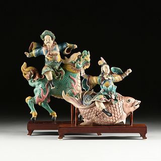 TWO CHINESE POLYCHROME GLAZED POTTERY GUARDIANS, 20TH CENTURY,