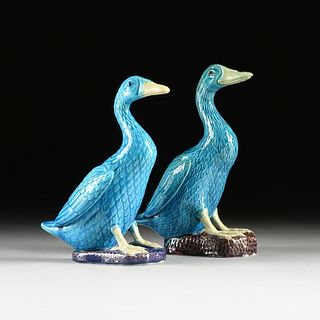 A PAIR OF CHINESE TURQUOISE, YELLOW, AND AUBERGINE GLAZED POTTERY DUCK FIGURES, LATE 20TH CENTURY,