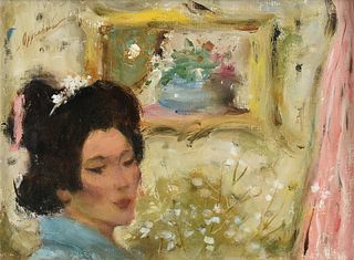 SAMUEL EDMUND OPPENHEIM (American 1901-1992) A PAINTING, "Geisha Portrait with Blue Vase," 1990s,