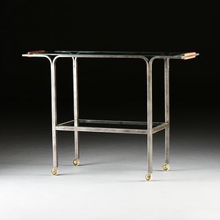 A VINTAGE BRUSHED STEEL AND GLASS BAR CART, 20TH CENTURY,