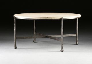 A "BERNHARDT" STYLE TRAVERTINE AND IRON COCKTAIL TABLE, DUNCAN MODEL, MODERN,