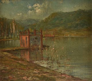 MANUEL PIGEM RAS (Spanish 1862-1946) A PAINTING, "Boathouse on a Lake," LATE 19TH/EARLY 20TH CENTURY,