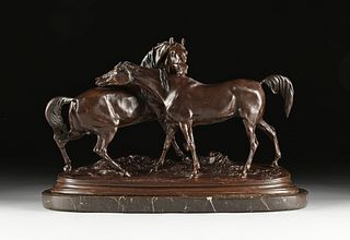 after PIERRE-JULES MÊNE (French 1810-1879) A SCULPTURE, "Two Horses," 20TH CENTURY,