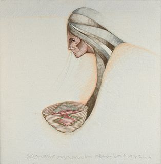 AMADO MAURILLO PEÑA JR. (American/Texas/Pascua Yaqui b. 1943) A PAINTING, "Woman with Basket," 1983,