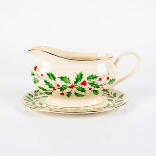 Lenox Porcelain Gravy Boat on Plate, Holly and Berries