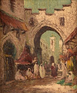 A FRENCH IMPRESSIONIST STYLE PAINTING, "Orientalist Market," 20TH CENTURY,
