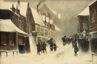 VAN HIEZ (Dutch School) A PAINTING, "Winter Street Scene," 19TH CENTURY,