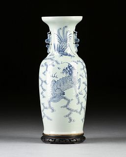 A CHINESE EXPORT CELADON GROUND BLUE AND WHITE GLAZED BALUSTER PORCELAIN VASE, PHOENIX AND MYTHICAL BEAST, PROBABLY REPUBLIC PERIOD (1912-1949),