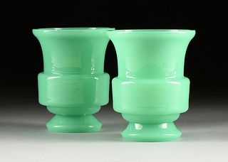 PAIR OF ART DECO/MODERNIST STYLE GREEN OPALINE GLASS VASES, POSSIBLY MURANO, 20TH CENTURY, 