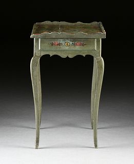 A FRENCH PROVINCIAL FLORAL AND GREEN PAINTED WOOD PETITE TABLE À ÉCRIRE, 19TH CENTURY,