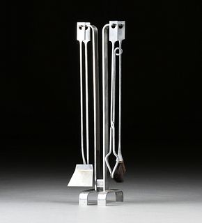 A MODERNIST POLISHED STAINLESS STEEL FIREPLACE TOOL SET AND STAND, 1970s,