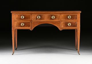 A REGENCY  STYLE CROSS BANDED FLAME MAHOGANY FIVE DRAWER DESK, LATE 19TH/EARLY 20TH CENTURY,