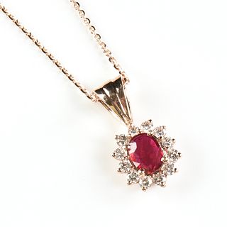 A 14K ROSE GOLD, DIAMOND, AND RUBY PENDANT NECKLACE AND EARRINGS,
