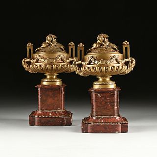 A PAIR OF NAPOLEON III GILT BRONZE AND GRIOTTE MARBLE  LIDDED MANTLE URNS, THIRD QUARTER 19TH CENTURY,