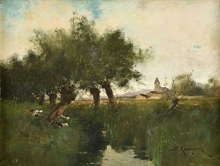 BARBIZON SCHOOL, A PAINTING, "Ducks by Stream in Landscape with Church," 19TH CENTURY,