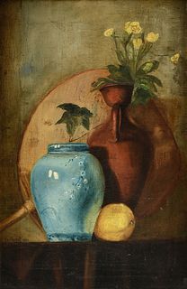 AMERICAN SCHOOL (19th Century) A PAINTING, "Still Life with Flowers, Vase and Lemon," 1890,