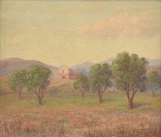 JOHN COMPARET (American 1848-1929) A PAINTING, "Mission San Diego de Alcalá," 1921,