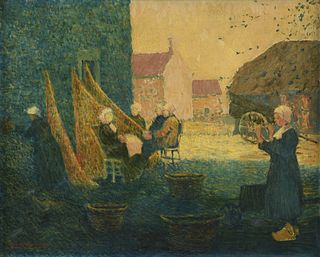 CHARLES HOWARD CLAWSON JR. (American 1889-1941) A NEO IMPRESSIONIST PAINTING, "Brittany Women Mending Fishing Nets," FRANCE, 1918,