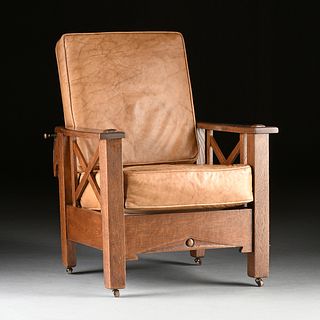 AN ARTS AND CRAFTS OAK RECLINING ARMCHAIR, AMERICAN, LATE 19TH/ EARLY 20TH CENTURY,
